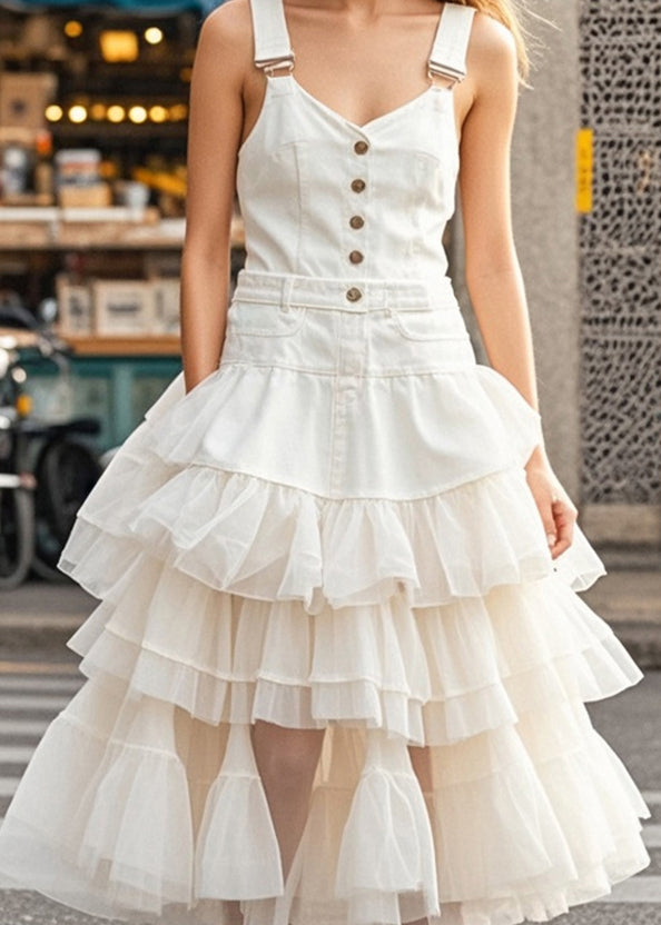 White Layered Tulle Patchwork Denim Dress Summer