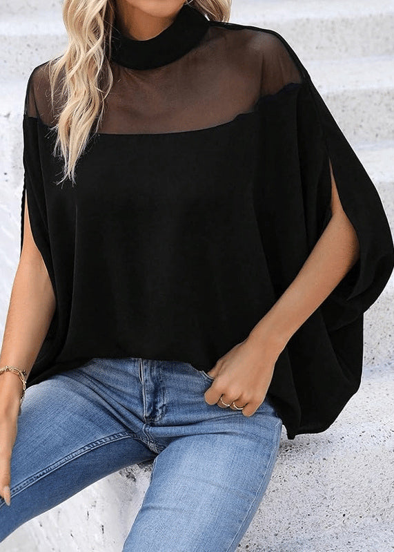 Loose Black Turtleneck Tulle Patchwork T Shirts Batwing Sleeve