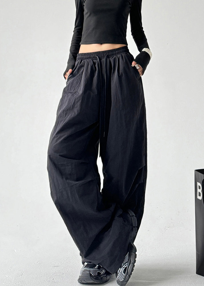 Black Oversized Elastic Waist Cotton Pants Spring