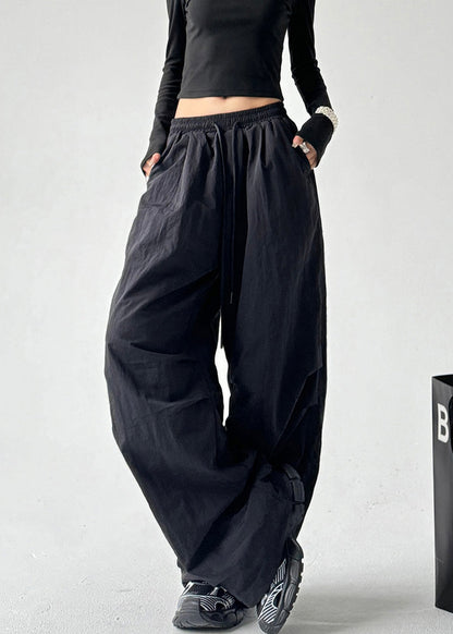 Black Oversized Elastic Waist Cotton Pants Spring