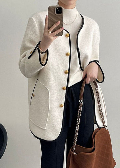 White Pockets Patchwork Woolen Coat Long Sleeve