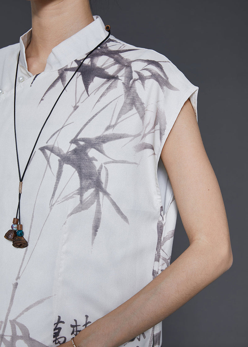 White Print Chiffon Vacation Dresses Cheongsam Sleeveless