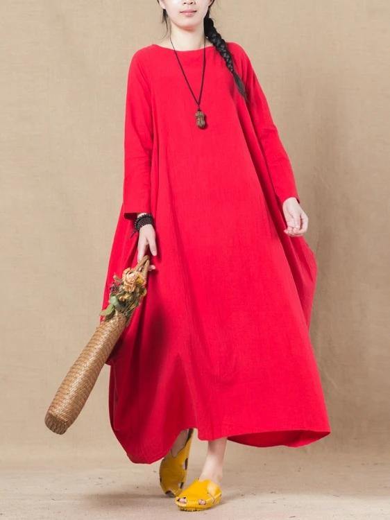 Handmade Black Linen Cotton Wardrobes O Neck Asymmetric Spring Dress