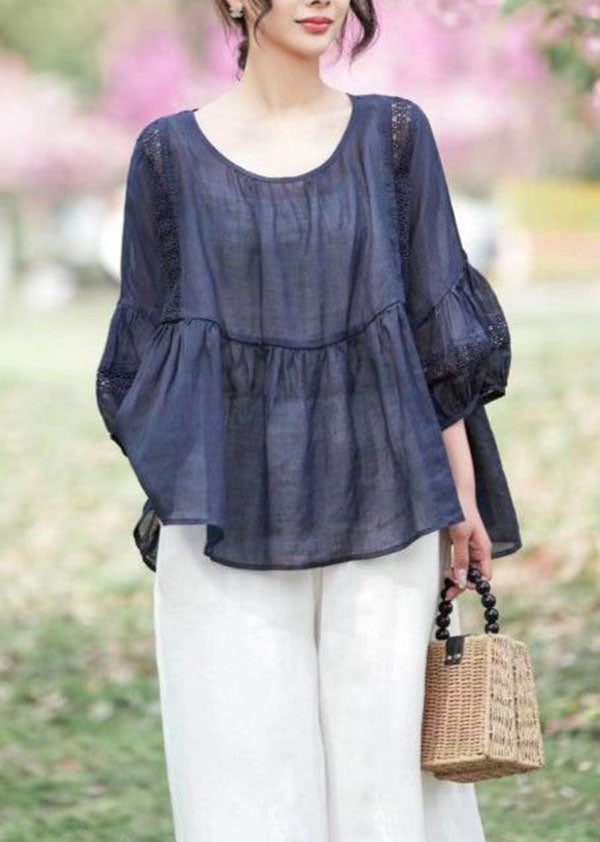 Navy Hollow Out Embroidered Patchwork Linen Tops Summer