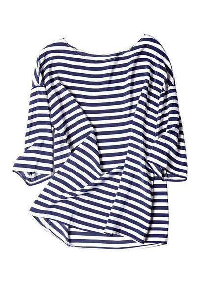 Blue O Neck Striped Silk Shirt Tops Summer