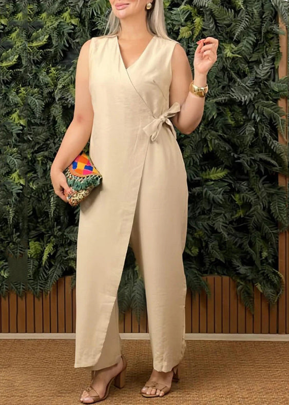 White V Neck Lace Up Cotton Jumpsuits Sleeveless