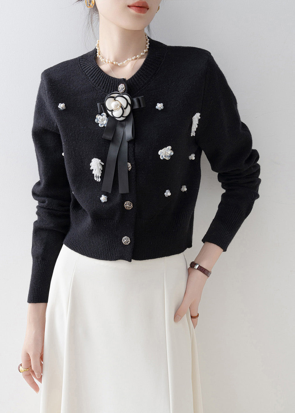 Italian Black O-neck Knit Cardigans Winter