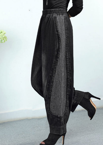 Black Elastic Waist Pockets Patchwork Cotton Pants Trousers Fall