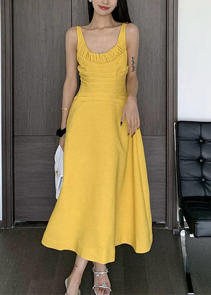 Yellow Wrinkled Cotton Spaghetti Strap Dress Sleeveless