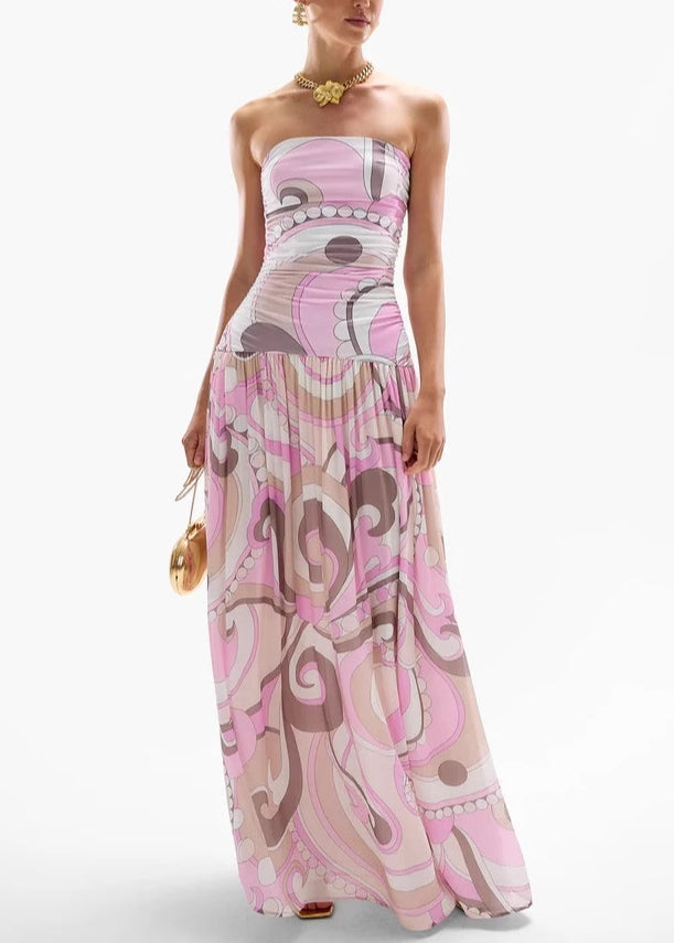 Style Pink Print Wrinkled Chiffon Strapless Dresses Summer