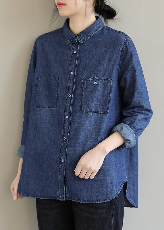 Diy Lapel Pockets Spring Clothes for Pattern Denim Blue Shirt