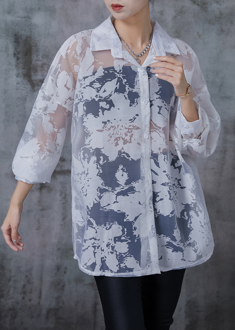 Stylish White Oversized Print Chiffon Upf 50+ Top Summer