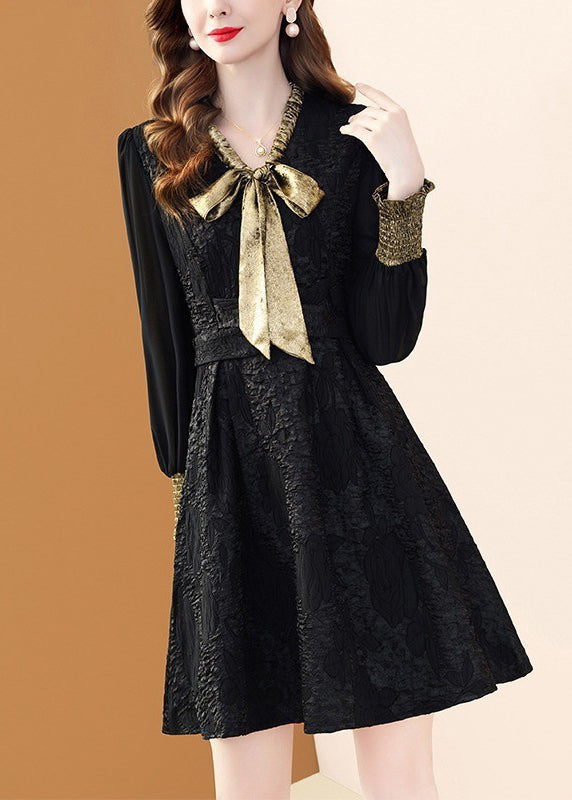 Black Bow Pockets Patchwork Dresses Winter