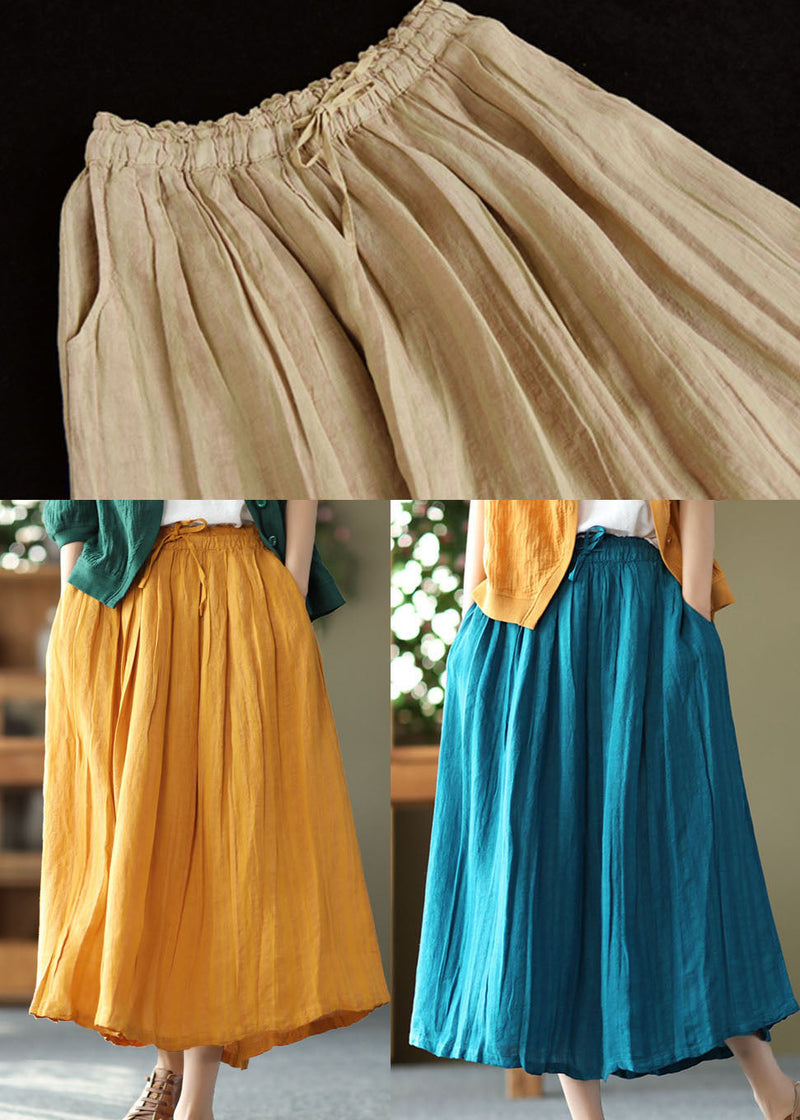 Yellow Elastic Waist Wrinkled Linen Skirt Summer