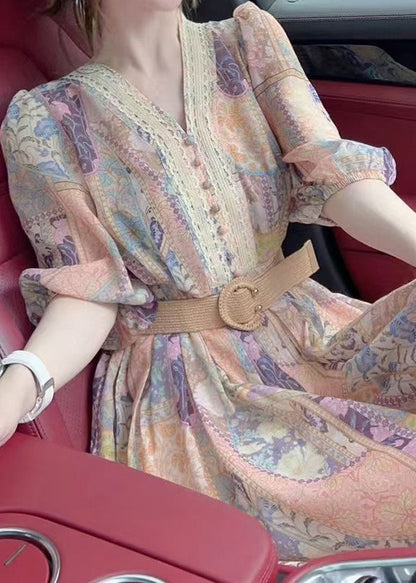 V Neck Print Sashes Mid Dress Half Sleeve