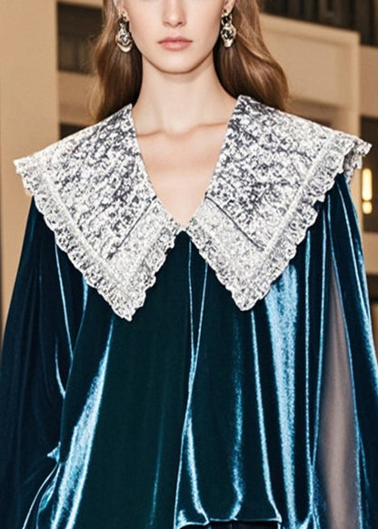 Peacock Green Peter Pan Collar Silk Velour Shirts Fall