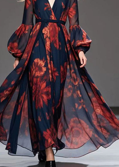 Red Print Chiffon Cinched Dress V Neck Exra Large Hem Fall
