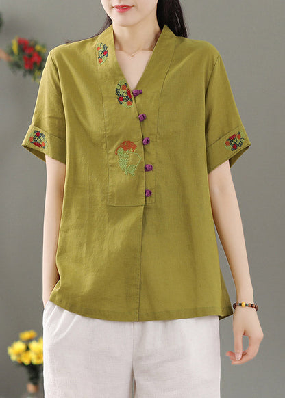 Yellow V Neck Embroidered Button Shirt Short Sleeve