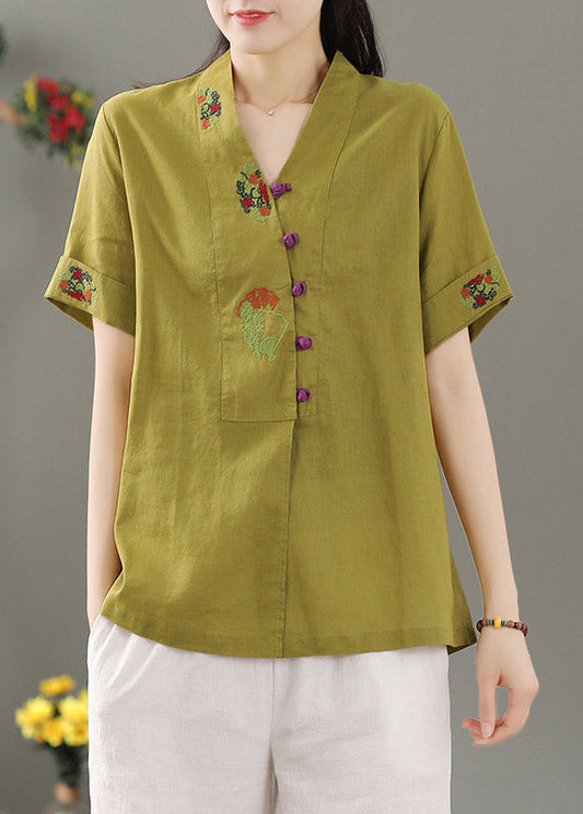 Yellow V Neck Embroidered Button Shirt Short Sleeve