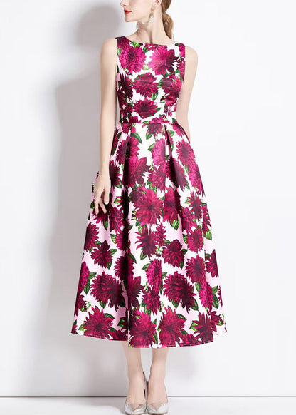 Red Print High Waist Cotton Long Dresses Sleeveless