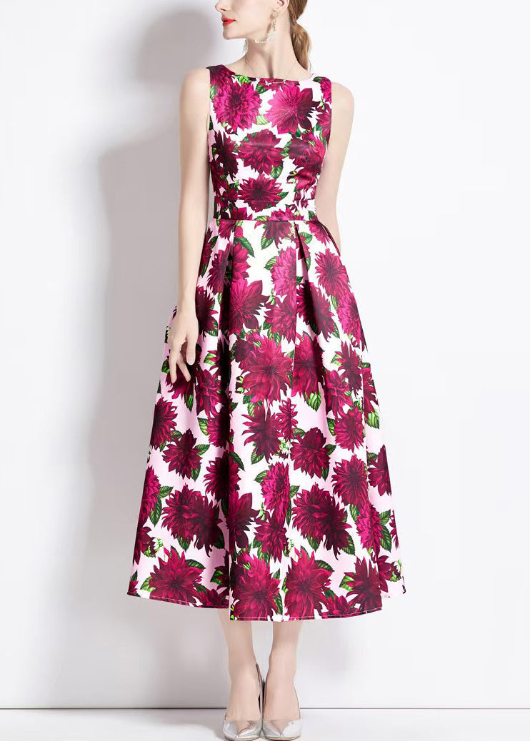 Red Print High Waist Cotton Long Dresses Sleeveless