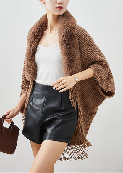 Brown Fur Collar Tasseled Knit Cardigans Fall