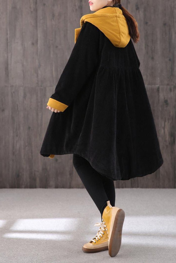 Mid-length Retro Winter Padded Warm Corduroy Coat Hooded Green Trench Coat Corduroy Over Coat