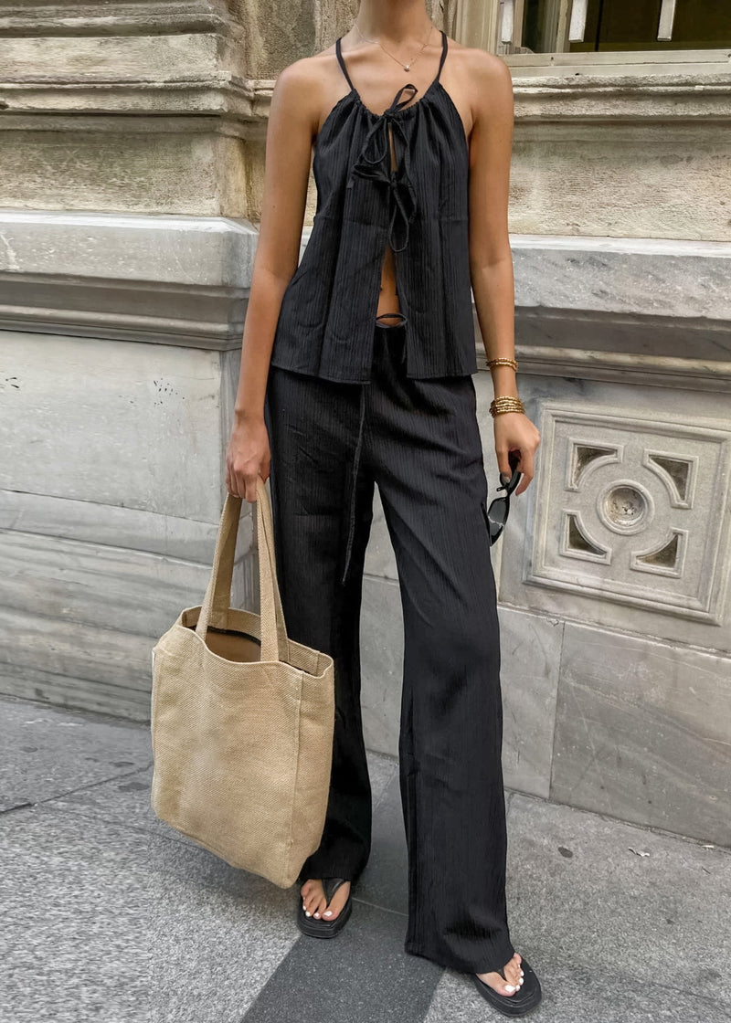 Original Design Black Lace Up Tops and Pants Two Pieces Set Summer