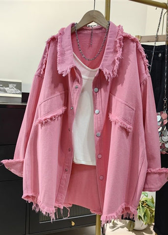 Pink Tasseled Oversized Denim Shirts Coat Fall