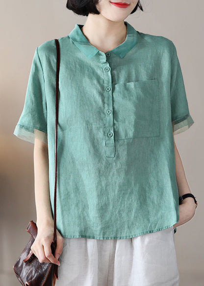 Green Organza Patchwork Linen Shirt Top Pocket Button Short Sleeve