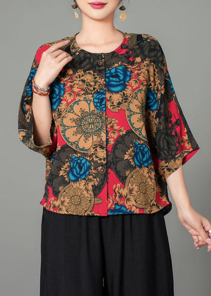 Blue Button Print Cotton Blouse Bracelet Sleeve