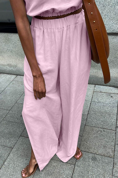 Cotton Linen Tank Top Slit Pants Suits