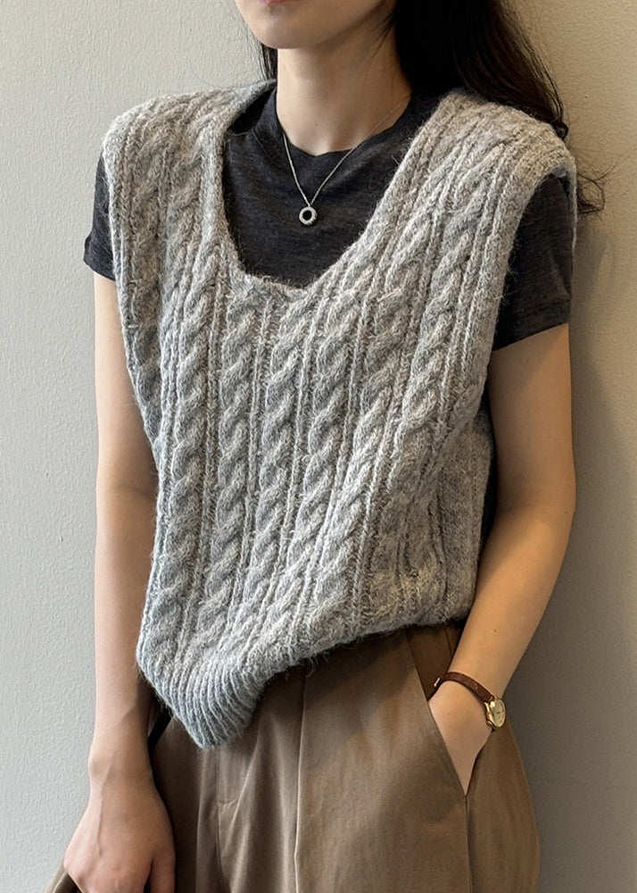 Light Green U Neck Cable Knit Vest Sleeveless