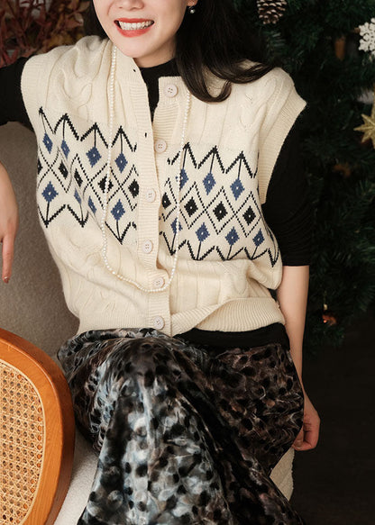 Coffee O Neck Jacquard Button Woolen Vest Sleeveless
