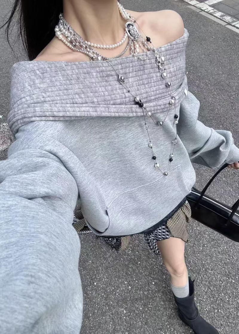 Grey Slash Neck Patchwork Sweatshirt Lantern Sleeve