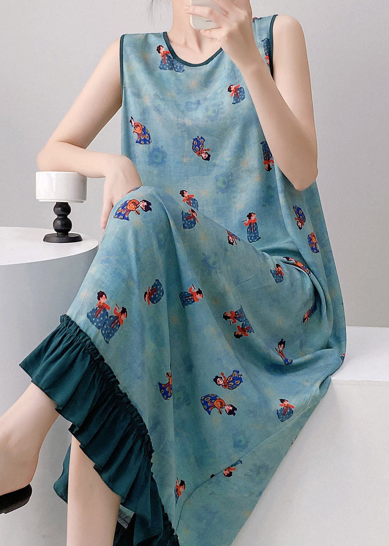 Loose Blue Patchwork Ruffled Maxi Dresses Sleeveless