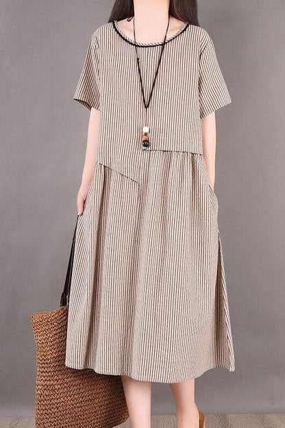 Cotton Irregular Stripes Short Sleeve Midi Dress