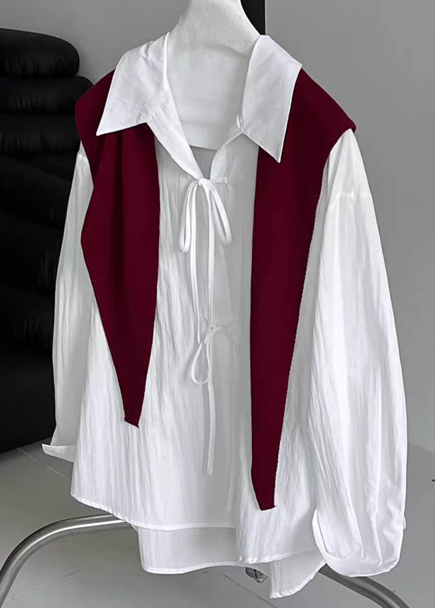 Brief White Tie Lace Shirt Lantern Sleeve