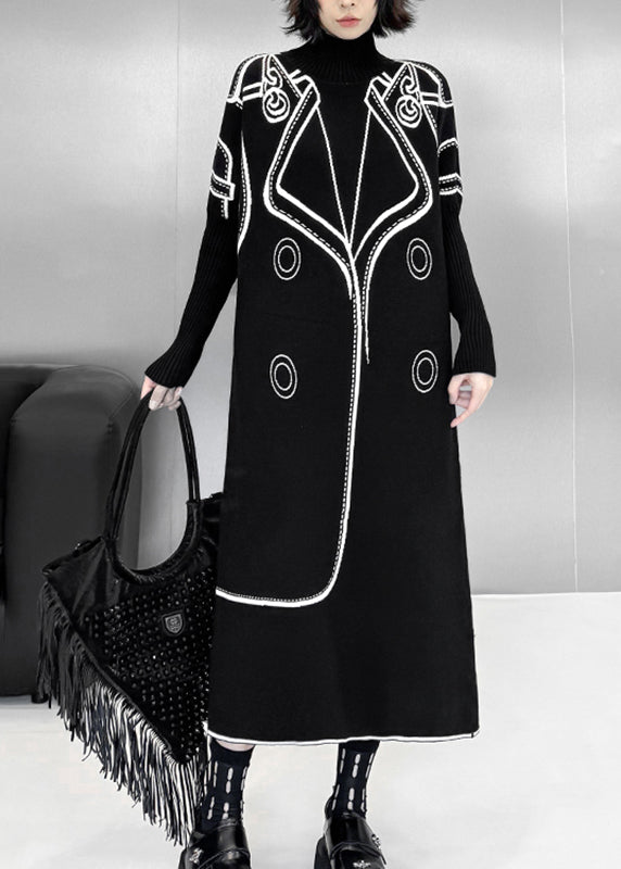Classy Black Turtleneck Print Wear on Both Sides Cotton Knit Long Sweater Dress Fall