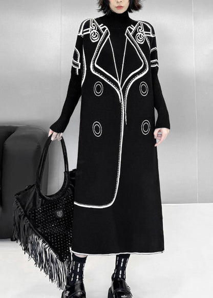 Classy Black Turtleneck Print Wear on Both Sides Cotton Knit Long Sweater Dress Fall