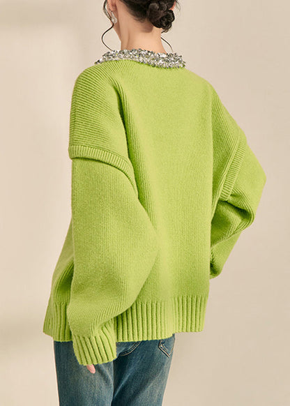 Green O-neck Patchwork Cotton Knit Sweater Long Sleeve