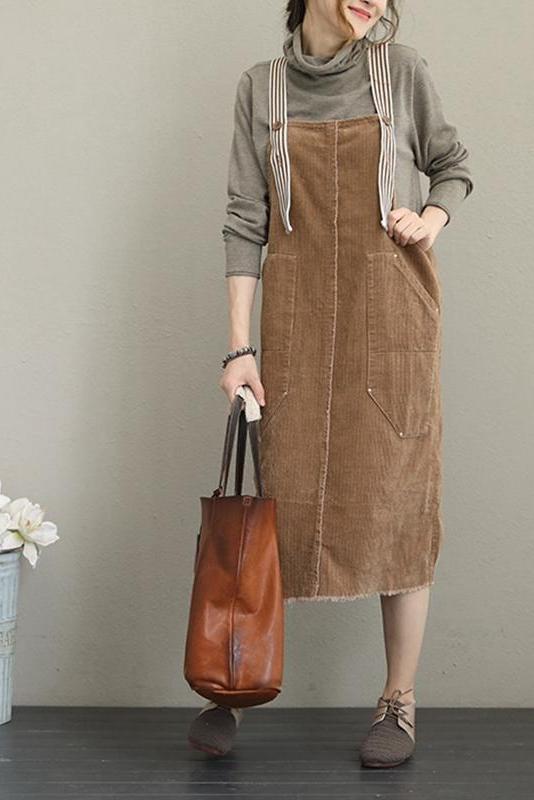 Loose Corduroy Strap Dresses Autumn Outfits