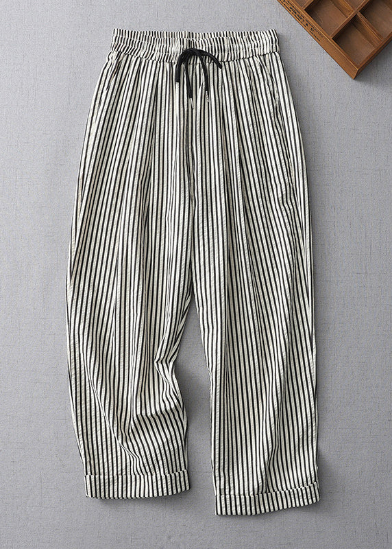 Striped Lace Up Elastic Waist Cotton Crop Pants Summer