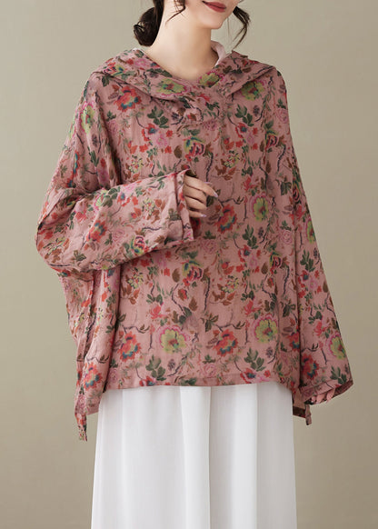 Red Hooded Print Cotton Top Spring