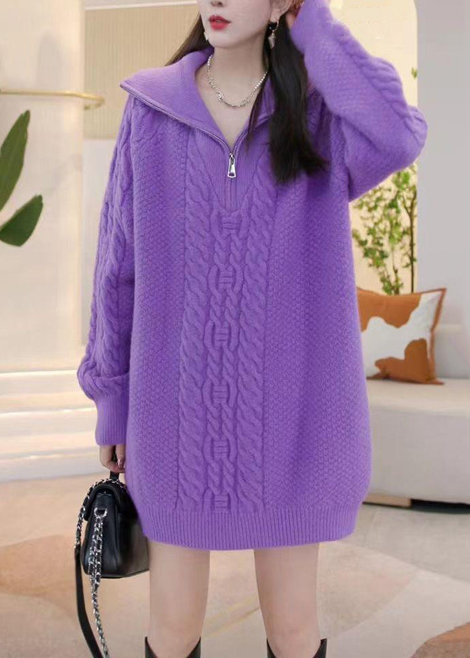 Purple Zip Up Cozy Knit Sweaters Winter