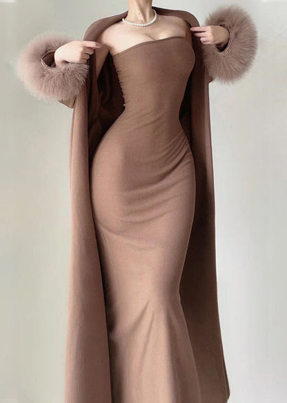 Modern Coffee Knit Cotton Long Cardigans and Long Dress Two Pieces Set Winter