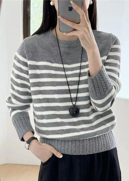 Grey Striped Cozy Knit Sweaters Fall