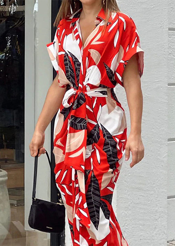 Pink Peter Pan Collar Print Tie Waist Cotton Shirts Dress Summer