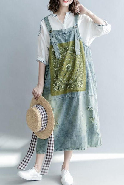Loose Print Blue Denim Sundresses Outfits