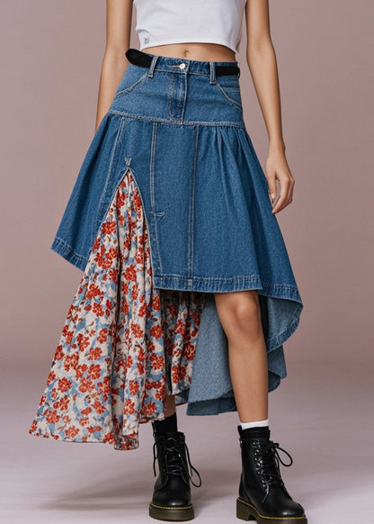 Navy Asymmetrical Patchwork Print Denim Skirt Spring